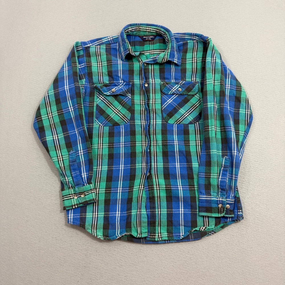 Vintage Mighty-Mac Flannel Shirt Men's Large Blue Green Plaid Outdoors 90s USA